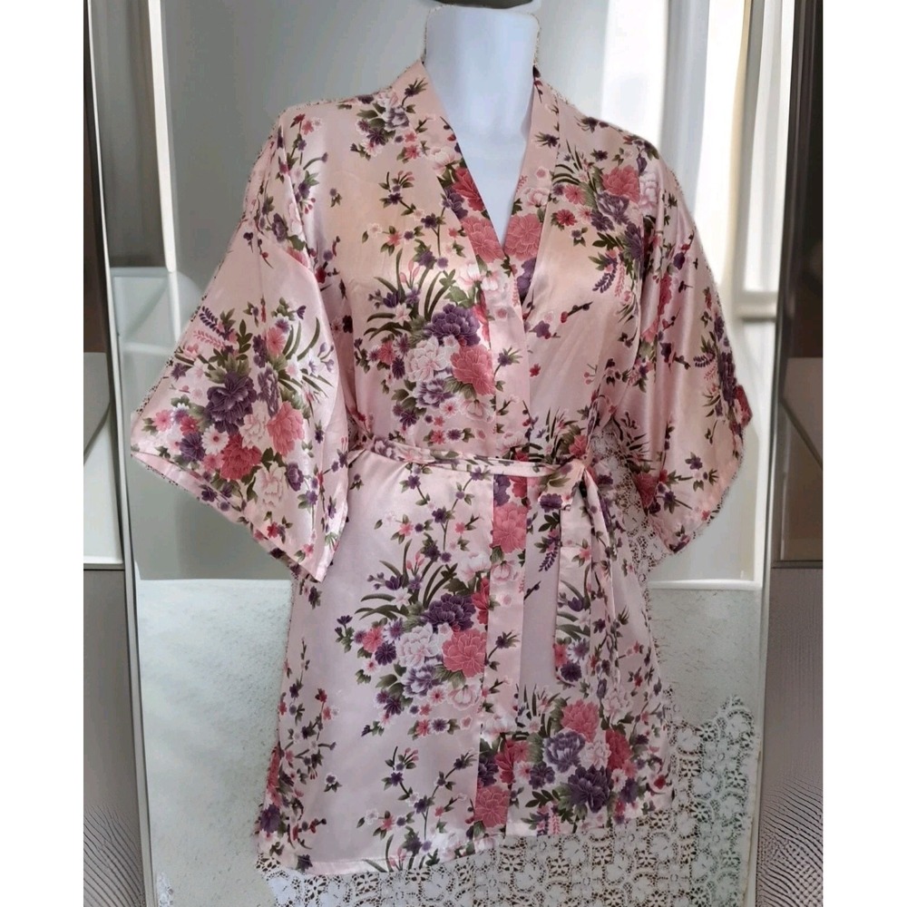 Eplaza Satin Robe L Pink Floral‎ Wrap Tie Closure Kimono Lightweight Intimates